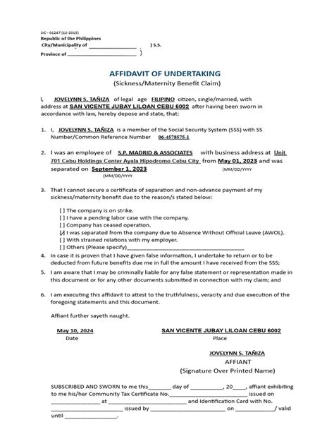 affidavit of undertaking sss|affidavit of undertaking sss form.